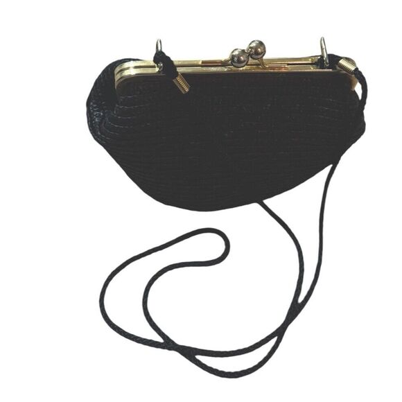 La Regale Straw Rafia Crossbody Bag Purse Gold Hardware Lined Push Lock‎ Black - Picture 1 of 6